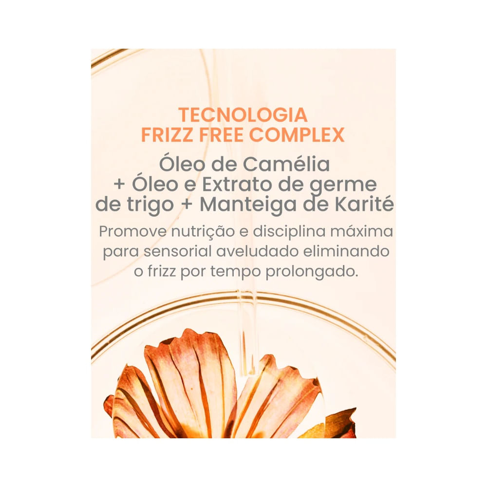 Imagem destacando ingredientes e tecnologia Frizz Free Complex da Máscara Cadiveu